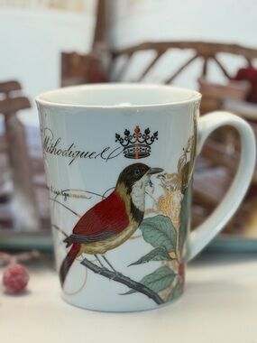 Fringe Studio White Porcelain Mug with Gold, Red and Green Bird Motif